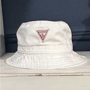 Vintage Guess Original Logo Bucket Hat , White Cotton Twill, Streetwear